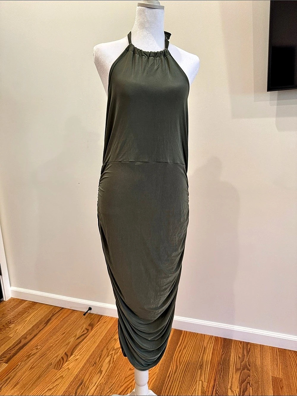 boohoo Ruched Halter Backless Midi Dress Olive